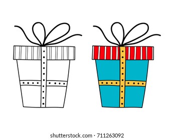 Decorative gift box with a surprise. Black and white illustration for coloring book, page.