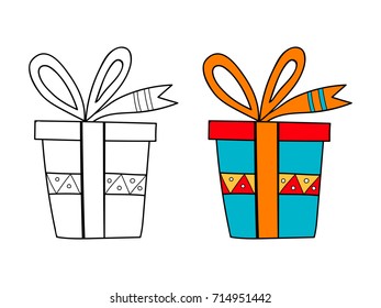 Decorative gift box with a surprise. Black and white illustration for coloring book, page.