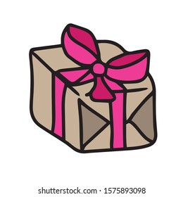 Decorative gift box tied with ribbon with bow .Holiday
 .On hand-drawn, on a white isolated background.Design for greeting card,banner 