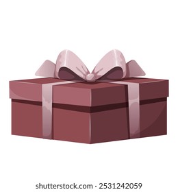Caixa de presente decorativo com fita branca. Presente de Natal, caixa de aniversário festiva em embalagem de cartão com fita de cetim e arco. Ilustração vetorial sobre fundo branco