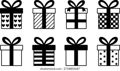 Cajas de regalo decorativas, iconos negros del presente, sistema del día de fiesta