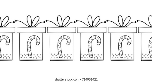 Decorative gift boxes. Black and white illustration for coloring book, page.