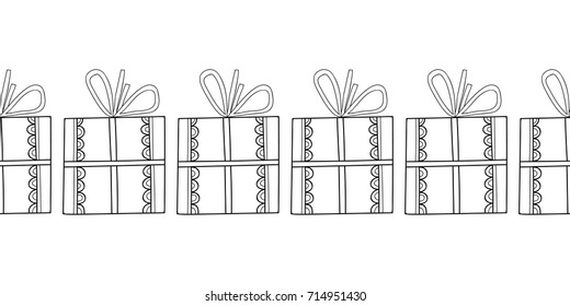 Decorative gift boxes. Black and white illustration for coloring book, page.
