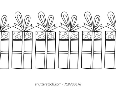 Decorative gift boxes. Black and white illustration for coloring book, page.