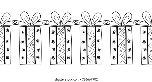 Decorative gift boxes. Black and white illustration for coloring book, page.