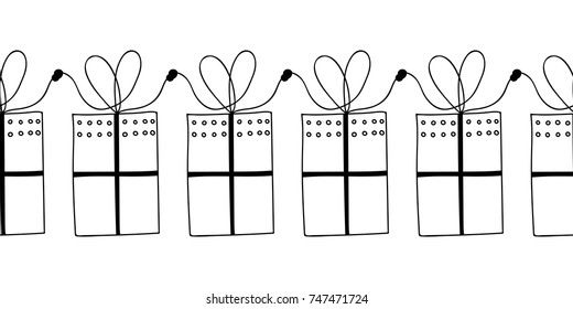 Decorative gift boxes. Black and white illustration for coloring book, page.