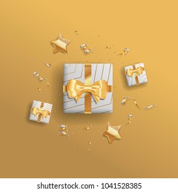 Decorative gift boxes with gold bow on gold background. Top view. Vector illustration