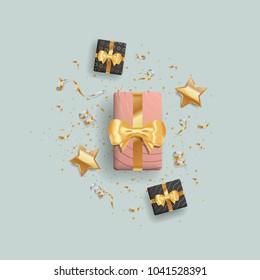 Decorative gift boxes with gold bow on blue background. Top view. Vector illustration