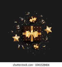 Decorative gift boxes with gold bow on black background. Top view. Vector illustration
