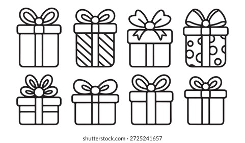 Cajas de regalo decorativas con rayas, puntos y patrones, símbolos de contorno negro para tarjetas de felicitación y pegatinas