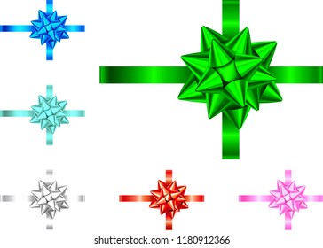 Decorative gift ribbon and bow isolated on white background.  Blue, red, green, pink, silver  holiday  decoration. Vector set of decor elements  for banner, greeting card, poster.