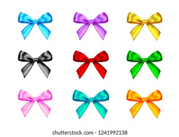 Decorative gift ribbon and bow isolated on white background. Blue, red, green, pink, golden holiday decoration.Vector set of decor elements  for banner, greeting card, poster.