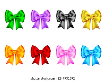 Decorative gift ribbon and bow isolated on white background. Blue, red, green, pink, golden holiday decoration.Vector set of decor elements  for banner, greeting card, poster.