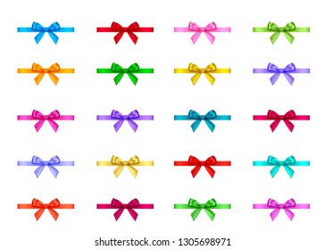 Decorative gift ribbon and bow isolated on white background. Blue, red, green, pink, golden holiday decoration.Vector set of decor elements  for banner, greeting card, poster.