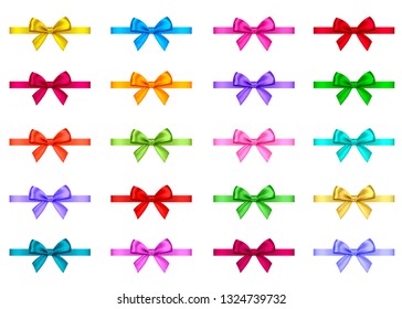 Decorative gift ribbon and bow isolated on white background. Blue, red, green, pink, golden holiday decoration.Vector set of decor elements  for banner, greeting card, poster.