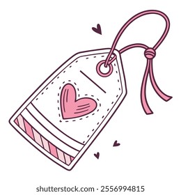 A decorative gift tag featuring a heart design and a ribbon.