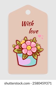 Decorative gift tag featuring a potted flower illustration and With Love text. Perfect for gifts, celebrations, Valentine's day and special occasions. Vector art.