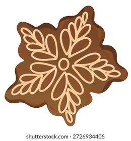 Um biscoito de gengibre decorativo em forma de floco de neve com desenhos de glacê complexos. O biscoito é marrom com padrões brancos, perfeito para celebrações de férias.