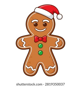 Decorative gingerbread man cookie with Santa hat and bow tie, featuring icing details and buttons, perfect for holiday celebrations and Christmas themes.