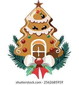 Decorative Gingerbread Xmas Tree with Bow Ribbon and Fir Leaves on White Background for Merry Christmas Festival.