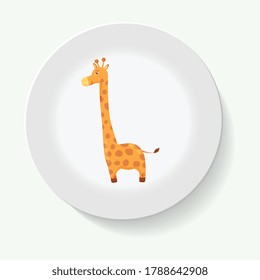 Decorative giraffe plate for interior design. Empty dish, porcelain plate mockup design. Vector illustration. 