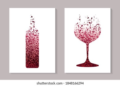 Decorative glass and bottle design with red glitter for wine tasting. invitation, bar and restaurant menu, banner or logo on a white background.