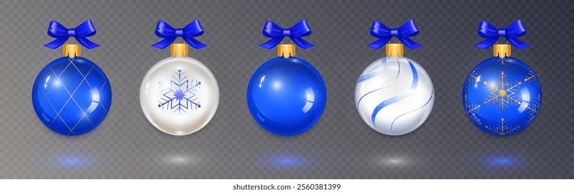 Decorative glass Christmas baubles with ornaments. Blue and white xmas tree balls with gold accents and ribbon bows for New Year holiday congratulation or promotion design. Realistic 3d spheres,