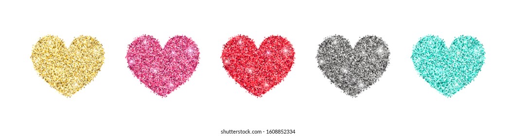 Decorative glitter shiny hearts set isolated on white. Rose gold, pink, golden, silver, red, mint glossy sparkles shape. Vector illustration for web, banner, sticker, wedding, Valentines greeting card