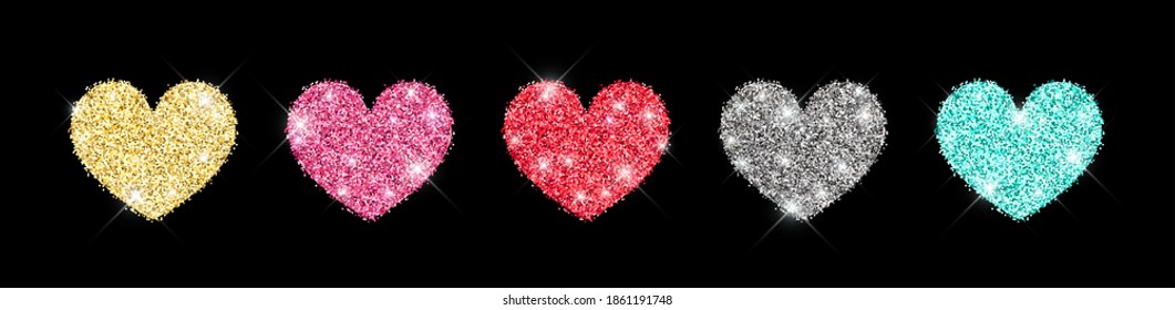 Decorative glitter shiny hearts set isolated on black. Rose gold, pink, golden, silver, red, mint glossy sparkles shape. Vector illustration for web, banner, sticker, wedding, Valentines greeting card