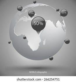 decorative globe with silhouettes of continents in white and gray colors