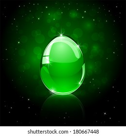 Decorative glossy Easter egg on green background, illustration.