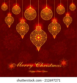 Decorative Glowing Christmas Ornaments on Grunge Red Background