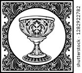 Decorative Goblet. Medieval gothic style concept art. Design element. Black a nd white drawing isolated on grey background. EPS10 vector illustration