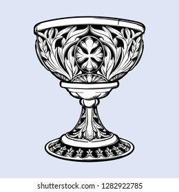 Decorative Goblet. Medieval gothic style concept art. Design element. Black a nd white drawing isolated on grey background. EPS10 vector illustration