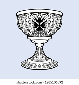 Decorative Goblet. Medieval gothic style concept art. Design element. Black a nd white drawing isolated on grey background. EPS10 vector illustration