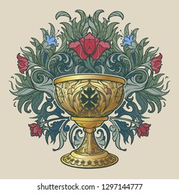 Decorative Goblet. Medieval gothic style concept art. Design element. Hand drawn image isolated on decorative floral background. EPS10 vector illustration