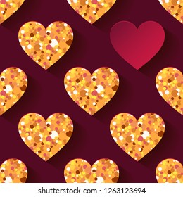 Decorative Gold and Кed 3D hearts on a red background with a shadow. Seamless pattern. Valentine's day. Vector illustration. Can be used for wallpaper, textile, invitation card, web page background.