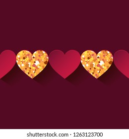 Decorative Gold and Кed 3D hearts on a red background with a shadow. Seamless pattern. Valentine's day. Vector illustration. Can be used for wallpaper, textile, invitation card, web page background.