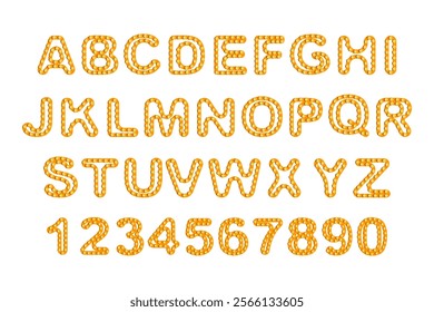 Decorative Gold Alphabet and Numbers. Alphabet and numbers with glowing yellow bulb effect in decorative style on a white background. Typography design for poster, banner.