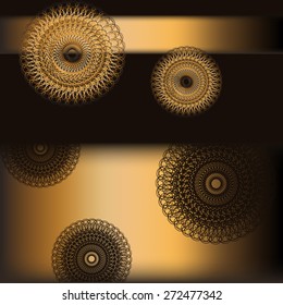 Decorative gold background with round patterns on black. 