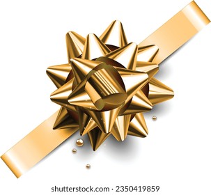 Decorative gold bow for gift wrapping. Highly realistic illustration.