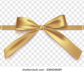 Decorative gold bow with horizontal gold ribbon on transparent background. Christmas yellow bow,festive bow.  Vector illustration.