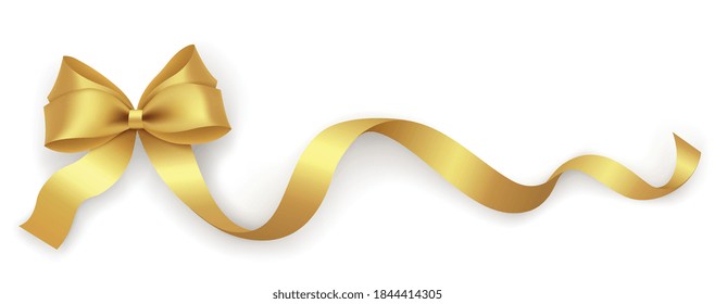 Decorative gold bow with ribbon on a white background. Holiday decoration design element for packaging, gift box, postcard, banner.