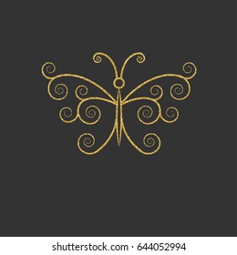 Decorative gold butterfly. Elegant linear silhouette. Item for logo. Vector illustration.