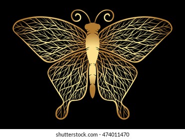 Decorative gold butterfly, isolated on black background. Vector illustration.