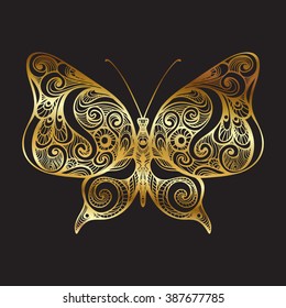 Decorative gold butterfly on black background. Vector illustration.