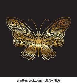 Decorative gold butterfly on black background. Vector illustration.