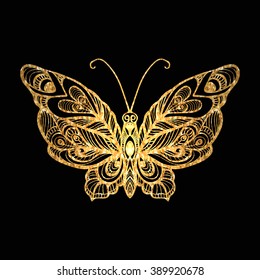 Decorative gold butterfly on black background. Vector illustration.