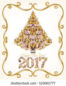 Decorative gold Christmas tree with floral ornament and figures 2017 in vintage frame. Stock line vector illustration.