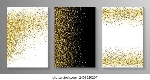 Decorative gold confetti grain scatter pattern. Triangle square circle star granules flying. Party materials. Uneven crumb elements powder confetti. Party decoration bright splatter